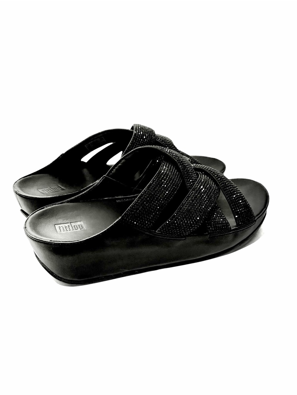 Fitflop Black Lattice Crystal Cross Slides Sandals Mules Size 8 Platform Sparkle
